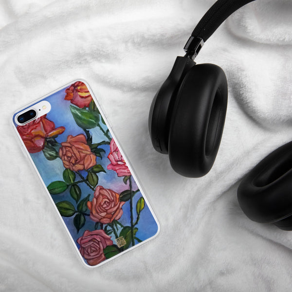 "Pink Roses in Pond" Pastel Blue Floral Print Art, iPhone Case, Made in USA - alicechanart