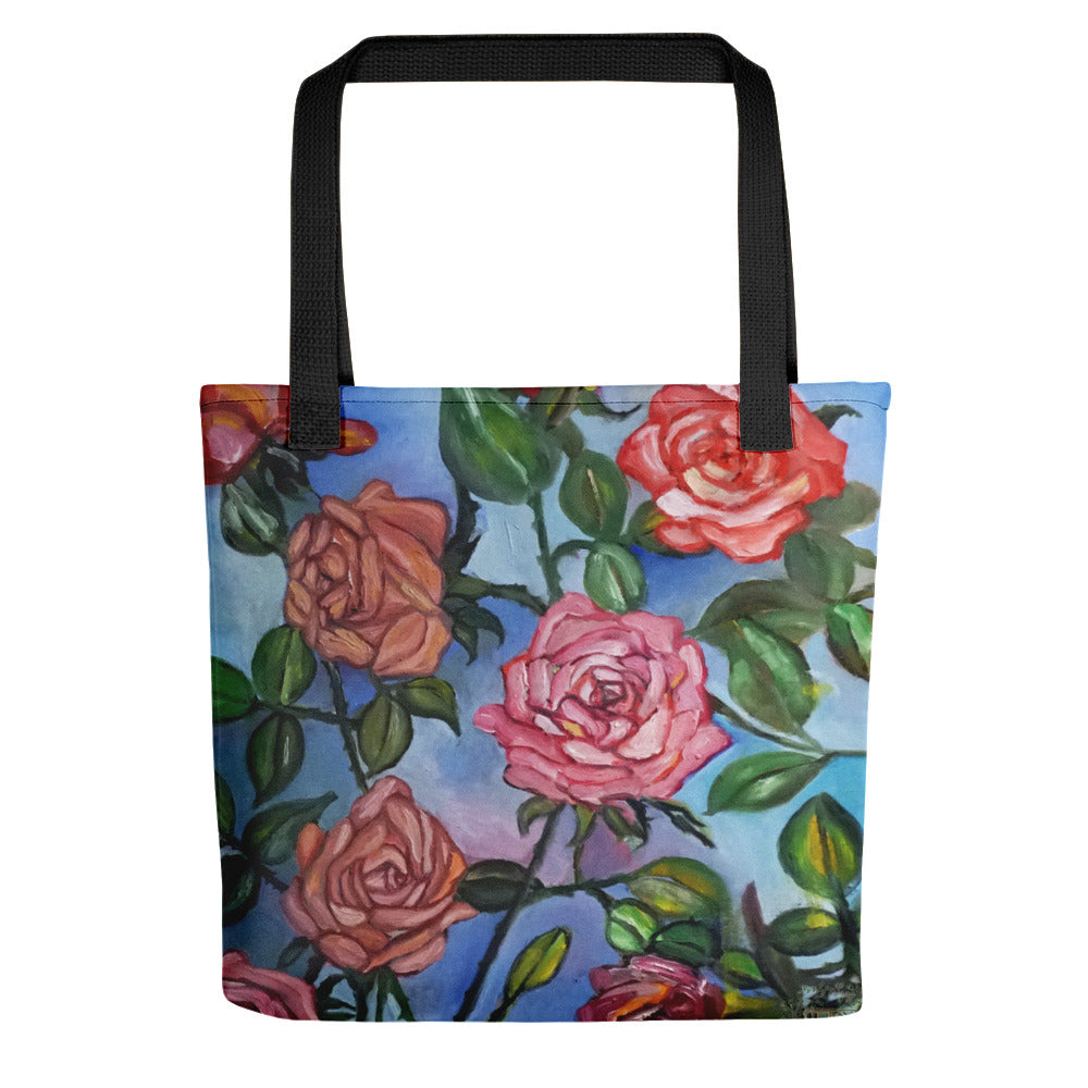 "Pink Roses Floating in Blue Sky", 15"x15" Square Designer Tote Bag, Made in USA - alicechanart Pink Roses Tote Bag, "Pink Roses Floating in Blue Sky", 15"x15" Square Designer Art Premium Quality Tote Bag, Made in USA/ Europe/ Mexico