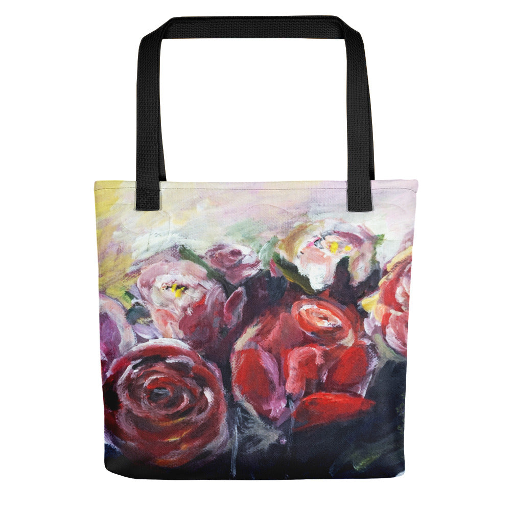 "French Red Roses", Floral Print, 15"x15" Designer Fine Art Tote Bag, Made in USA - alicechanart Red Roses Tote Bag,"French Red Roses", Floral Print, 15"x15" Designer Fine Art Tote Bag, Made in USA/ Europe/ Mexico