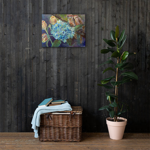 "Morning Chirping Bird,"  2018, Wildlife Bird Art, Blue Hydrangea, Canvas Art Print, Made in USA - alicechanart