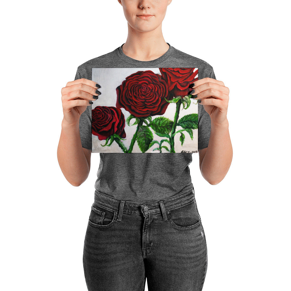 Romantic Triple Deep Red Roses in Silver Poster Art Print, Made in USA - alicechanart