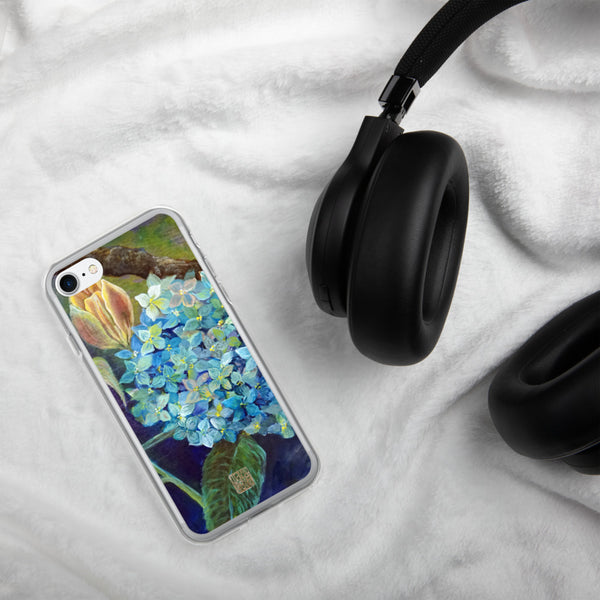 "Morning Chirping Bird", Blue Hydrangea Orange Tulips Floral Print iPhone Case - alicechanart