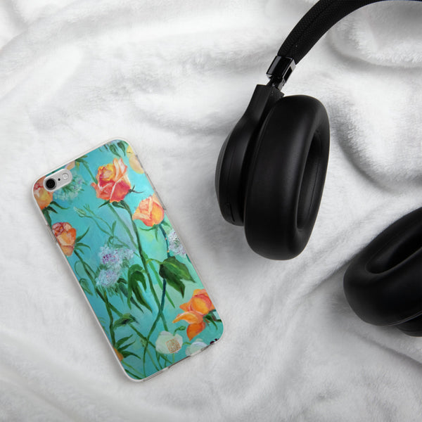 Orange Roses in Turquoise Blue, Floral Art iPhone Case, Made in USA - alicechanart