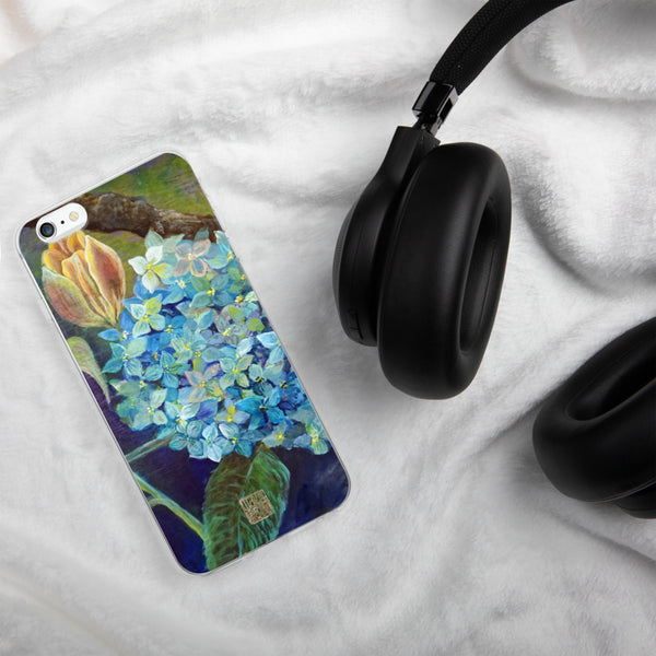 "Morning Chirping Bird", Blue Hydrangea Orange Tulips Floral Print iPhone Case - alicechanart
