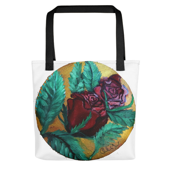 "Red Rose Series Part 1 in Gold", 15"x15" Square Tote Bag, Made in USA/ Europe - alicechanart Red Roses Tote Bag,"Red Rose Series Part 1 in Gold", 15"x15" Square Floral Print Designer Tote Bag, Made in USA/ Europe/ Mexico
