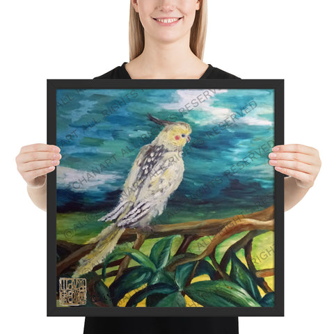 Cockatiel White Parrot Resting On A Tree Branch, Framed Poster, Made in USA - alicechanart