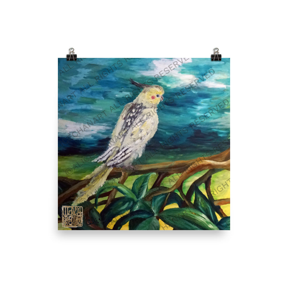 Cockatiel White Parrot Resting On A Tree Branch, Art Poster, Made in the USA - alicechanart