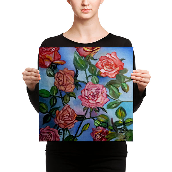 Pink Roses in Blue Sky, Rose Floral Flower Canvas Art Print, Made in the USA - alicechanart