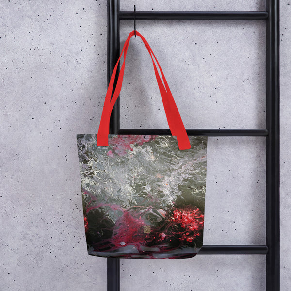 Gray Red Acrylic Pour Abstract Art Print Market Designer Tote Bag- Made in USA/ EU - alicechanart