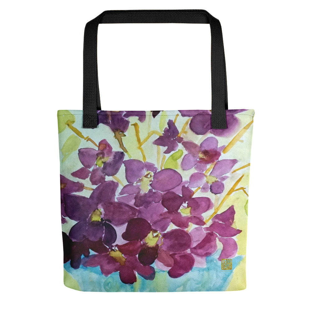"Curious Exotic Wild Purple Orchids" 15"x15" Square Tote Bag, Made in USA/ Europe - alicechanart Purple Orchids Tote Bag, Purple Orchid Floral Print, 15"x15" Designer Fine Art Tote Bag, Abstract Art, "Curious Exotic Wild Purple Orchids", Made in USA/Europe, Orchid Tote Bag, Orchid Flower Tote Bags