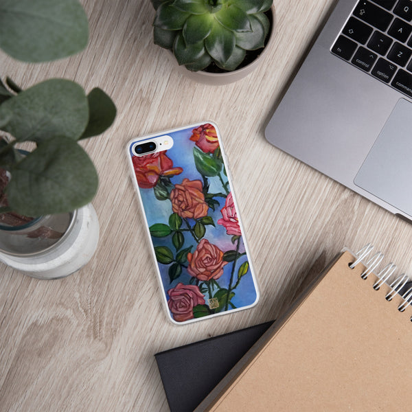 "Pink Roses in Pond" Pastel Blue Floral Print Art, iPhone Case, Made in USA - alicechanart